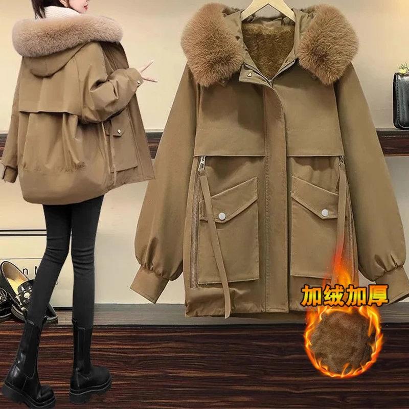 韩版纯色棉服女士2024秋冬新款时尚大码棉衣中长款派克服加厚外套