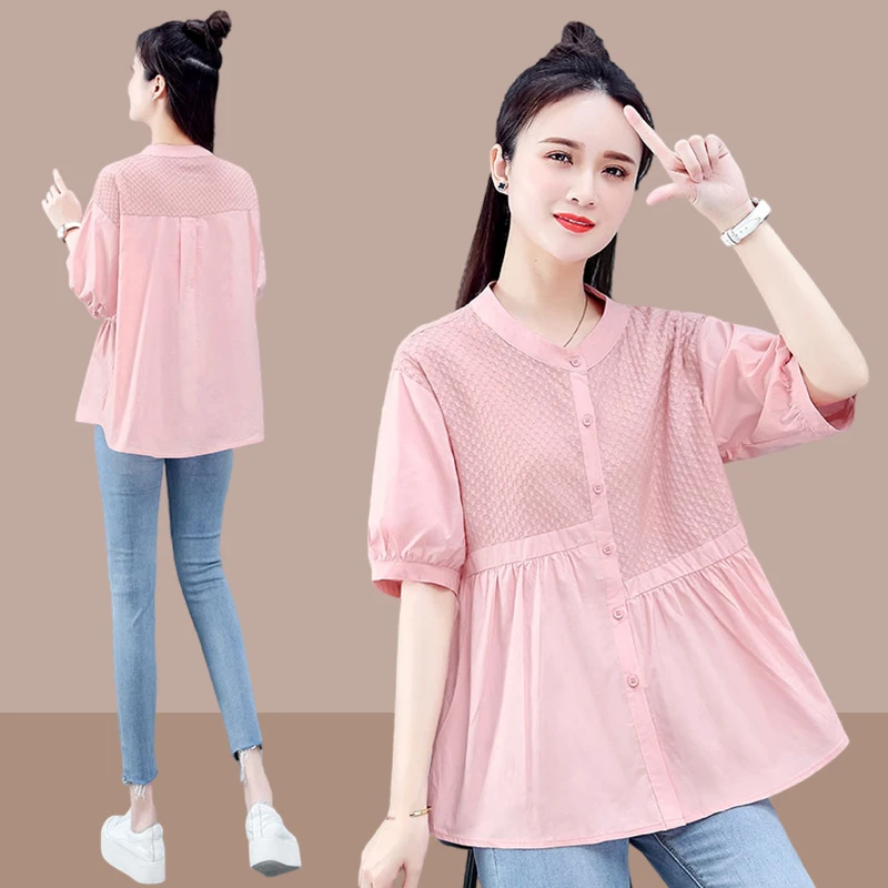 2024夏季新款大码短袖衬衫女士宽松爆款洋气衬衣时尚纯色显瘦上衣