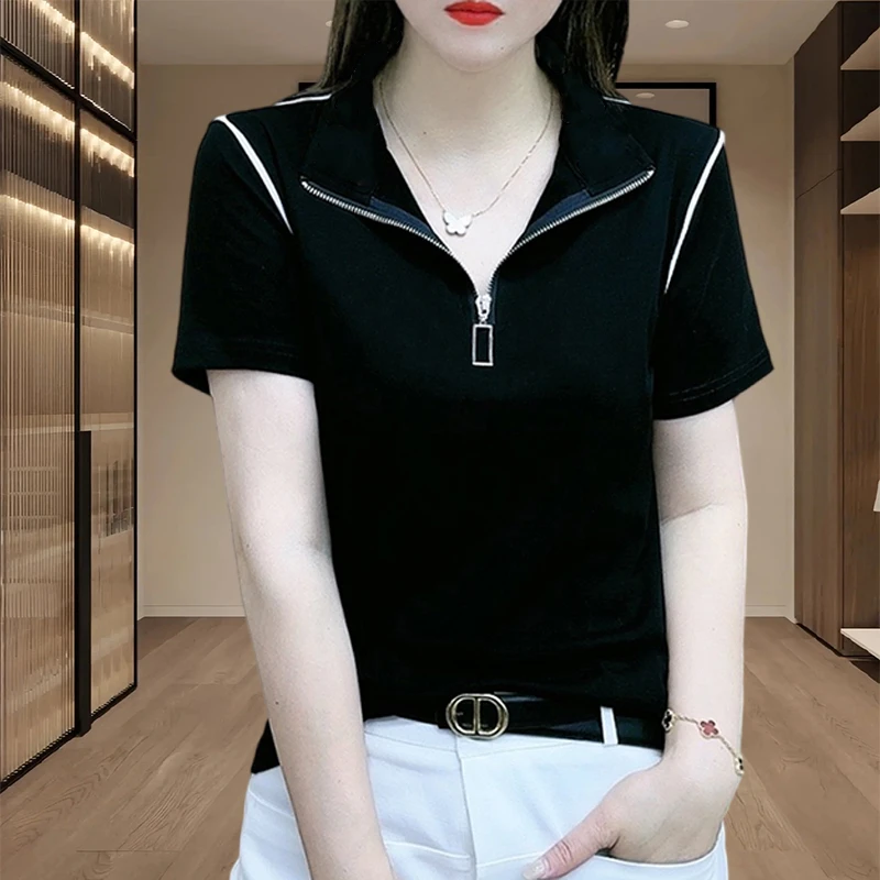 时尚洋气半拉链短袖上衣女士2025夏季新款立领百搭小个子短款体恤