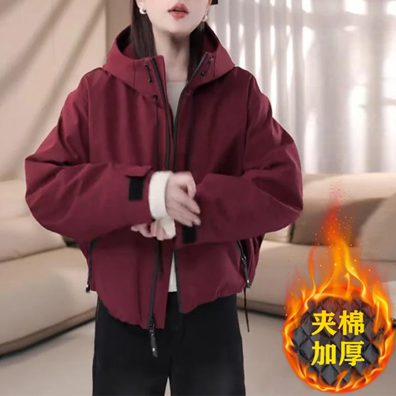 韩版设计感夹棉连帽冲锋衣外套女2024秋冬季新款休闲宽松百搭外套