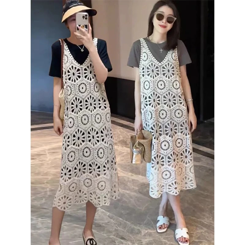 法式镂空吊带短袖连衣裙套装女士2025夏季新款高级感洋气两件套