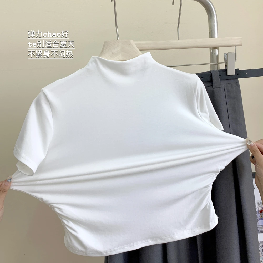 白色夏季简约T恤女2024新款夏天弹力时尚休闲纯色半高领显瘦上衣