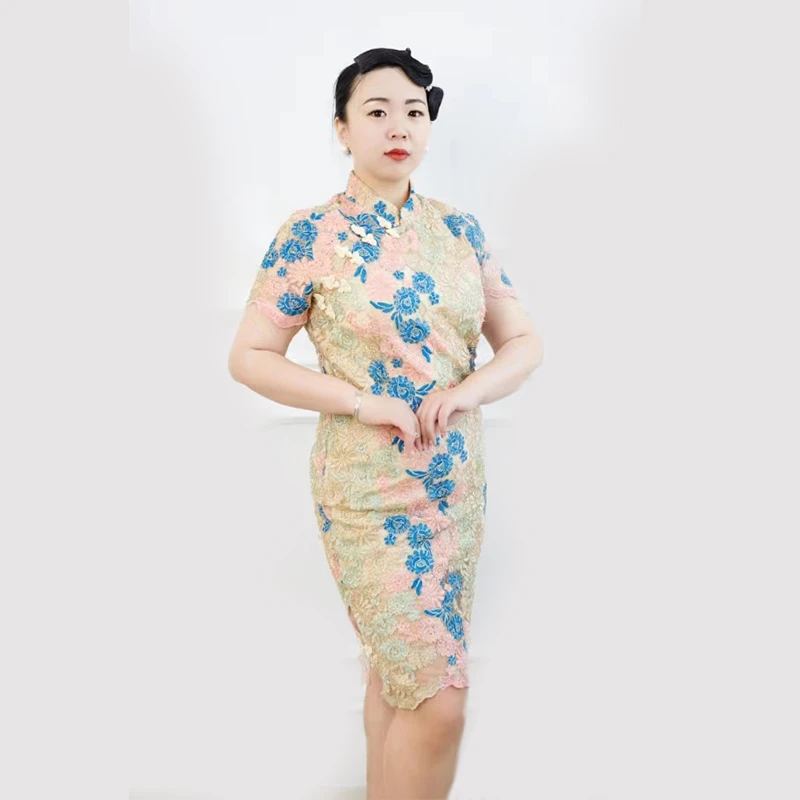 【斑斓】青春大码女装22年花色复古春夏重工显瘦气质连衣裙9123