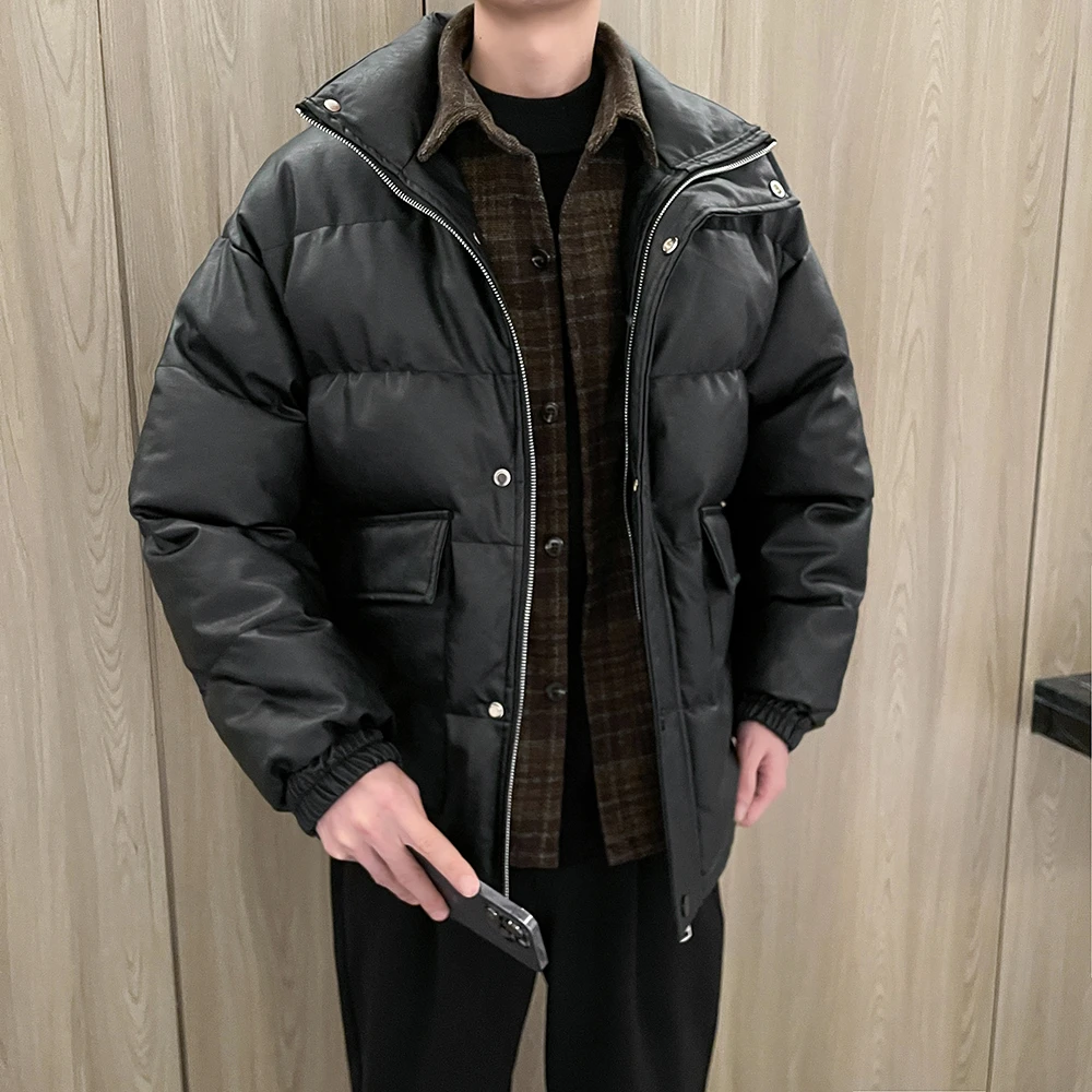阿航原创2023冬季假两件潮流加厚皮棉衣宽松面包服保暖棉衣外套男