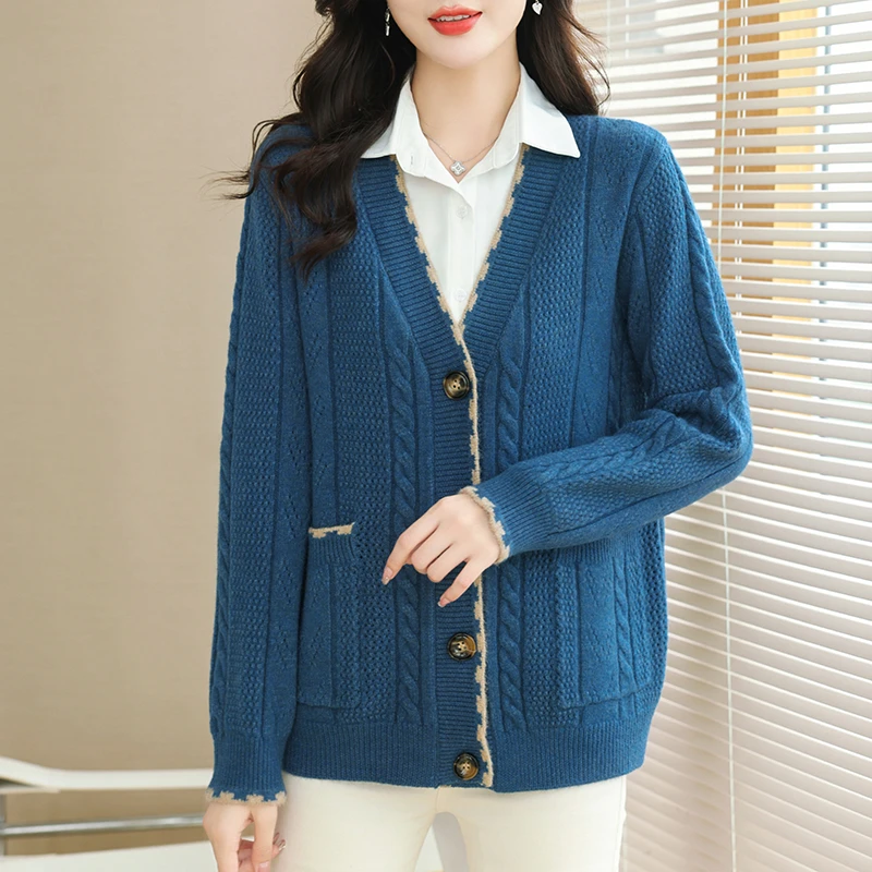 秋冬时尚针织衫V领针织加厚宽松翻领百搭上衣外套女毛衣针织衫