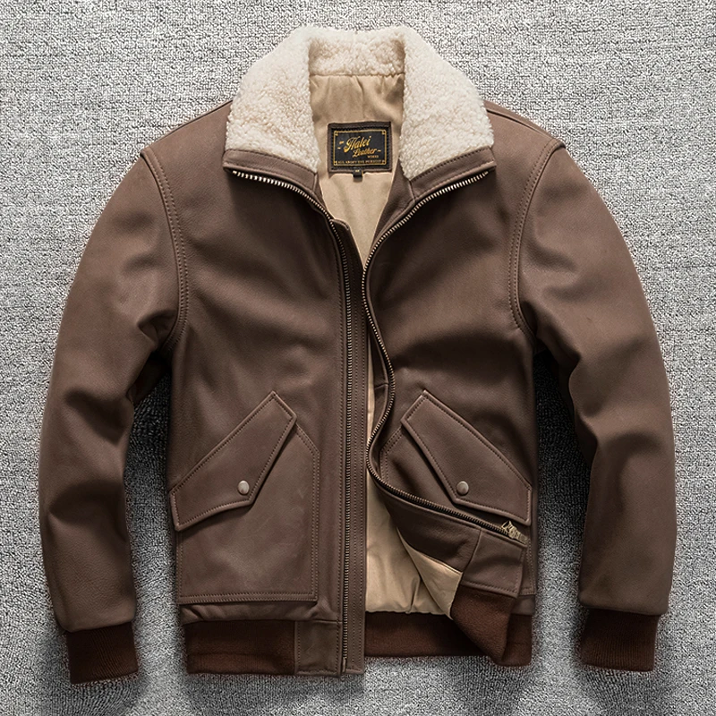无涂水染牛皮真皮皮衣男加棉短款翻领飞行服夹克外套 2402棕【棉】