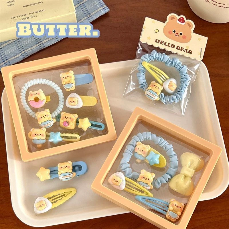 很时尚可爱奶黄小熊系列发饰组合少女甜美碎发刘海夹学生发绳发夹