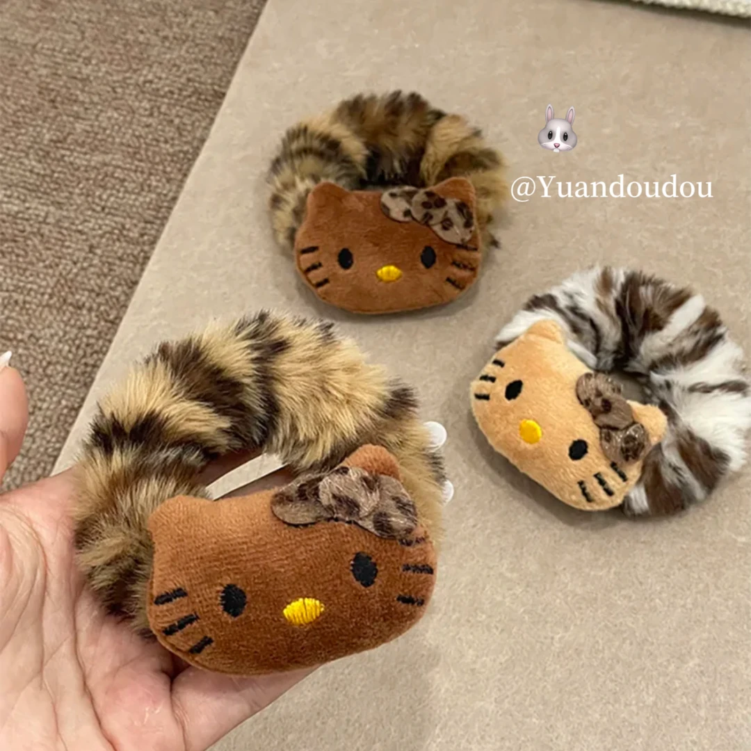 小众创意黑皮豹纹kitty猫毛绒发圈可爱头绳马尾扎发饰高级高弹女