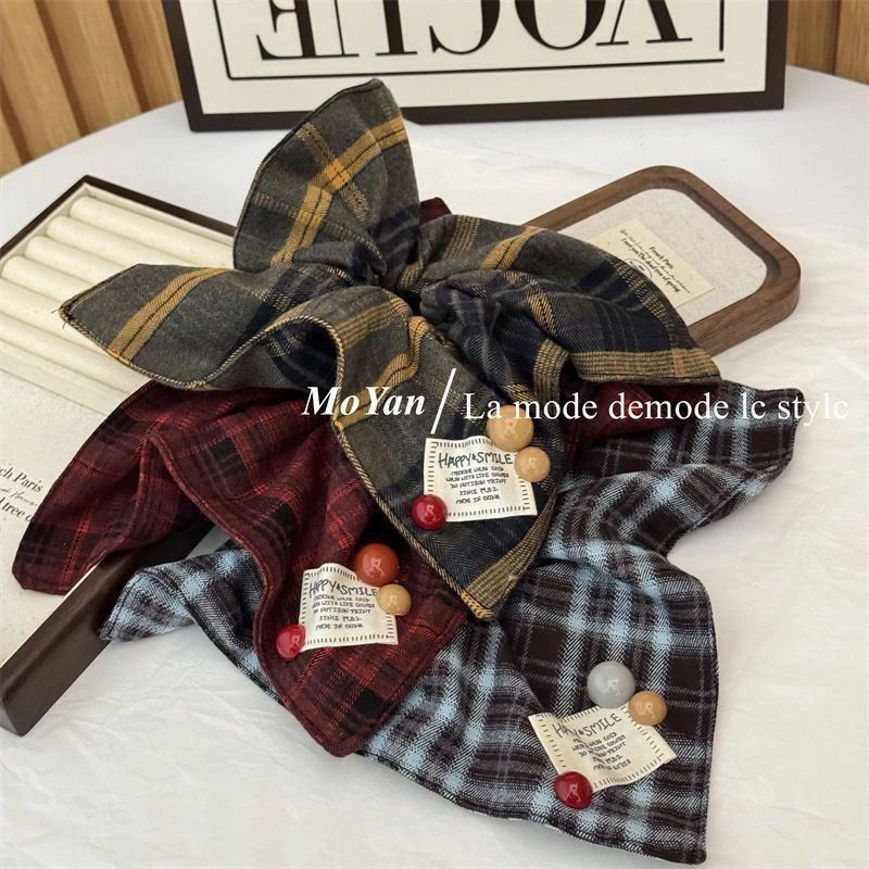 毛呢格子英伦风方巾发圈大肠圈女方形侧低马尾发绳扎头发盘发绳