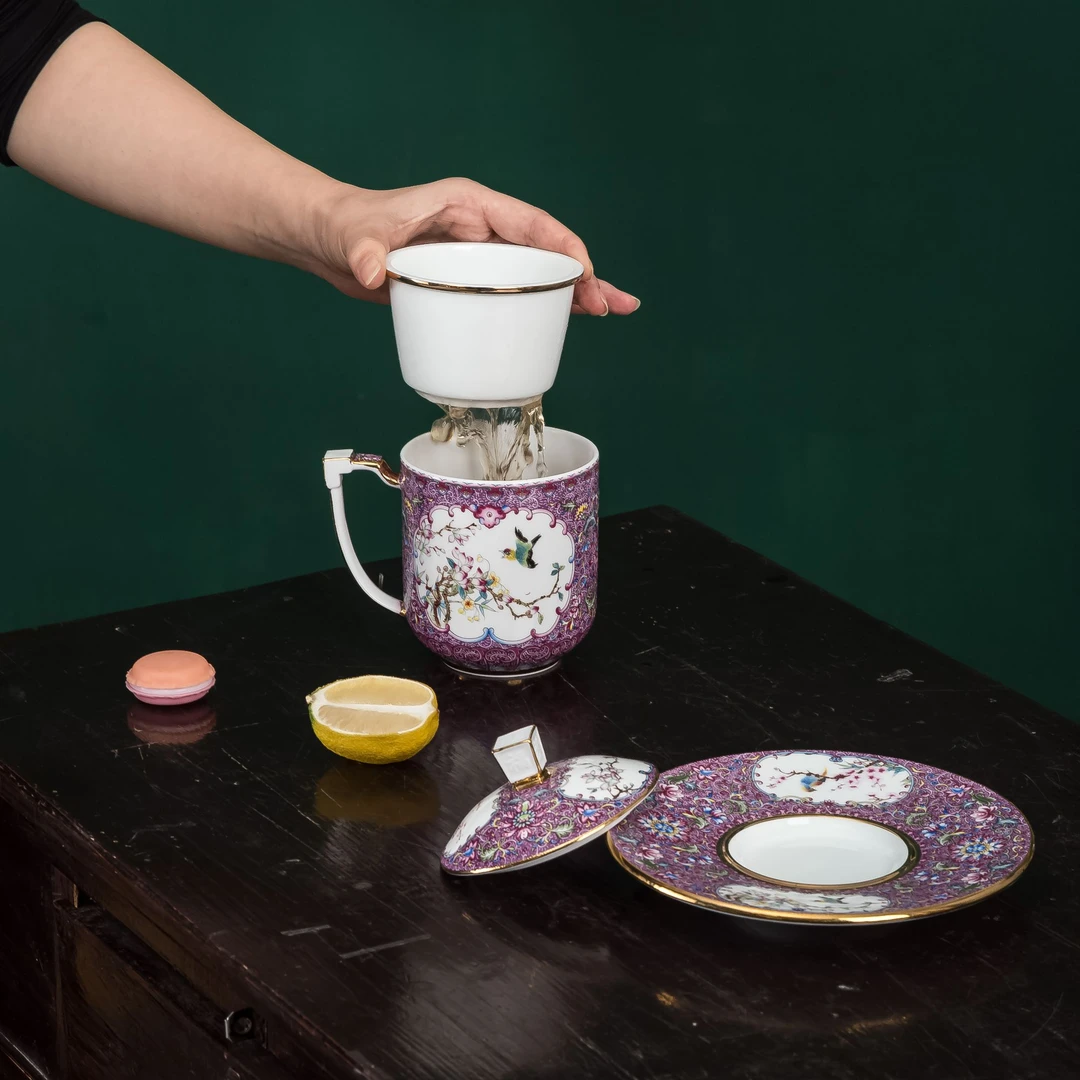 【报喜-五福杯】景德镇陶瓷茶杯高温珐琅彩工艺带盖老板茶隔办公杯