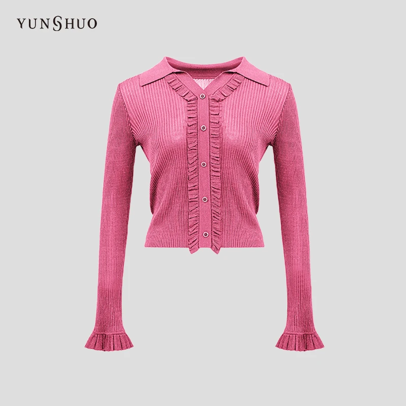 YUNSHUO 针织衫女2024春季新款时尚木耳边套头毛衫739478