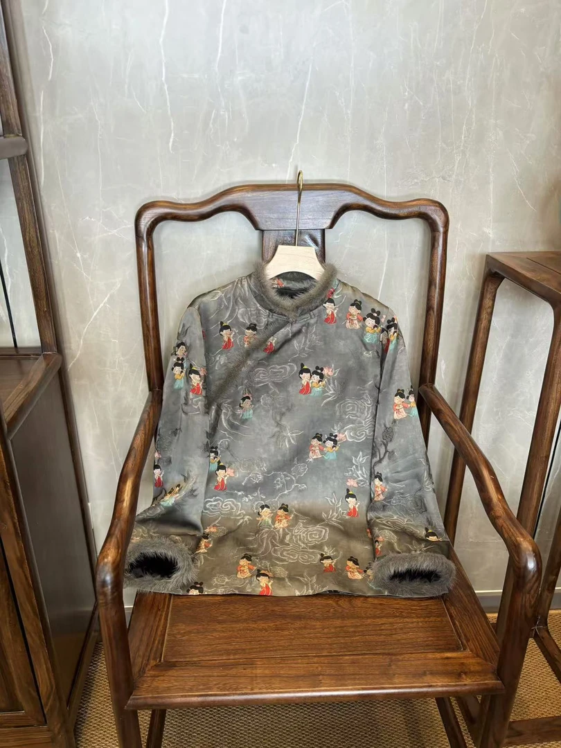 【沅媛】“小唐人”夹棉新款提花暗纹新中式国风女装貂毛上衣女1016