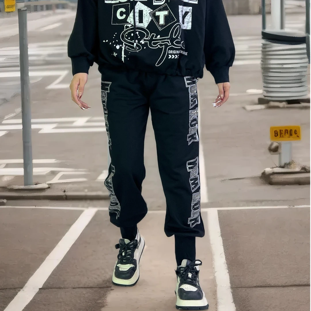 松紧腰烫钻束脚长裤运动时尚休闲个性印花新款潮流重工