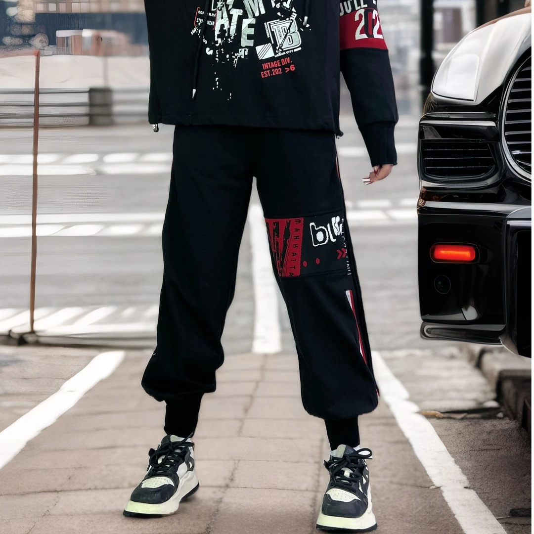 撞色松紧腰拼接抽绳长裤萝卜裤束脚休闲时尚个性运动宽松