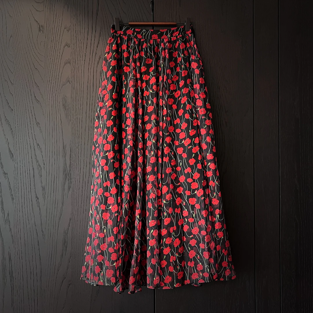 Norike/NorikeJJ  黑底小红花A字廓形半身长裙NK3741