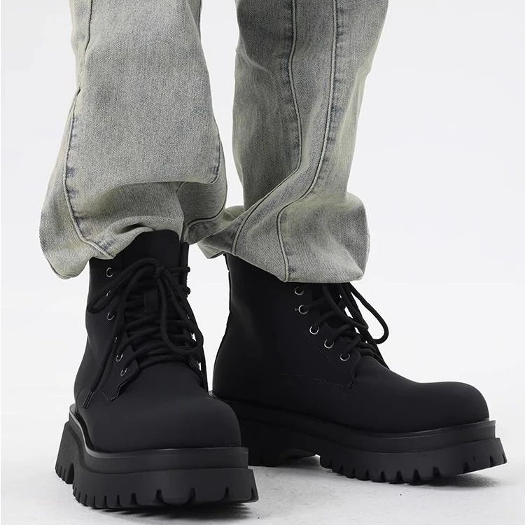 韩版中筒皮靴子男厚底增高马丁靴男大头英伦风男生学院风工装机车