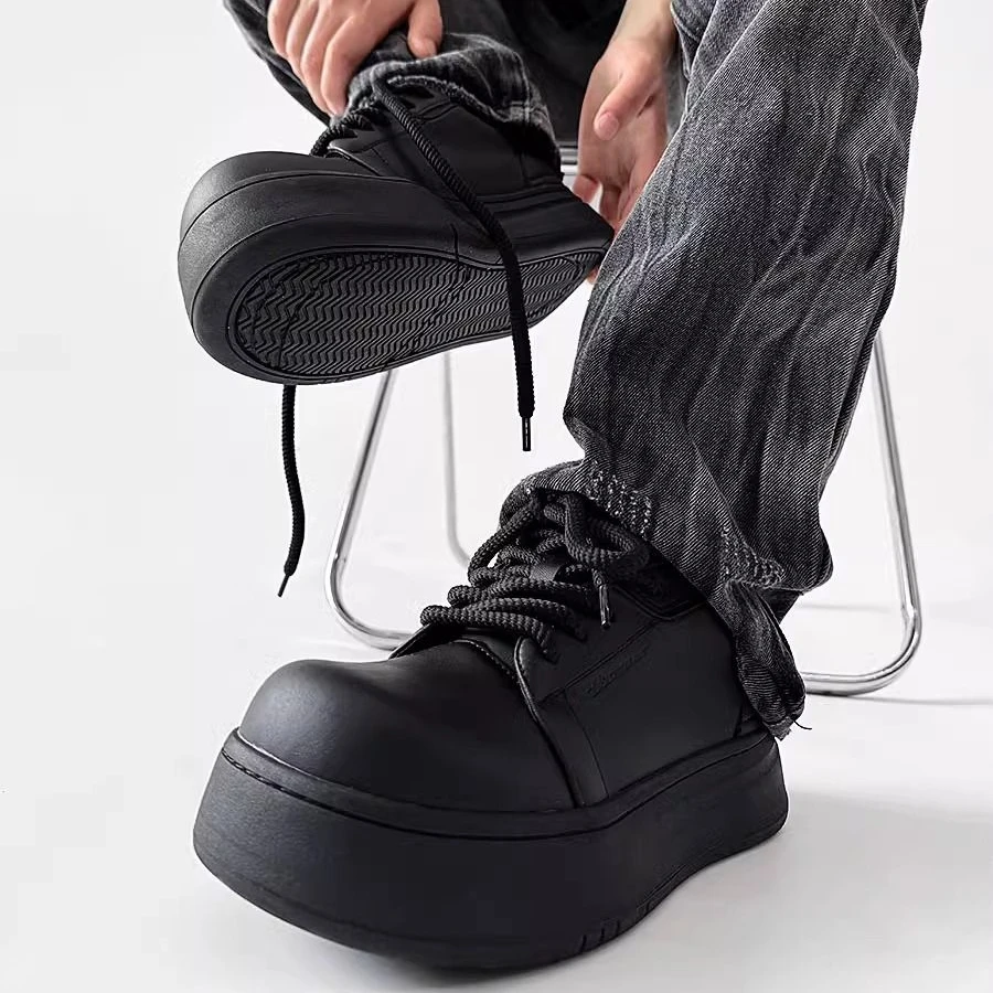 小众黑色板鞋男女同款美式厚底大头鞋增高圆头德比鞋通勤潮男皮鞋