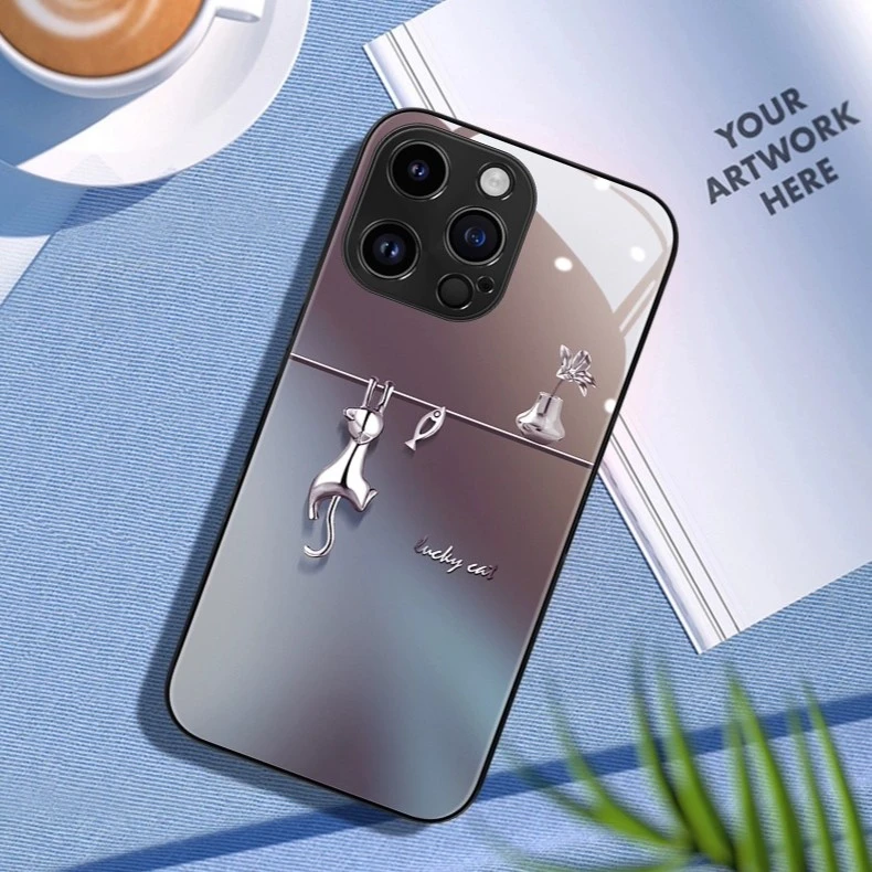 苹果/华为/OPPO/VIVO/小米 暗紫猫鱼个性玻璃防摔网红手机壳