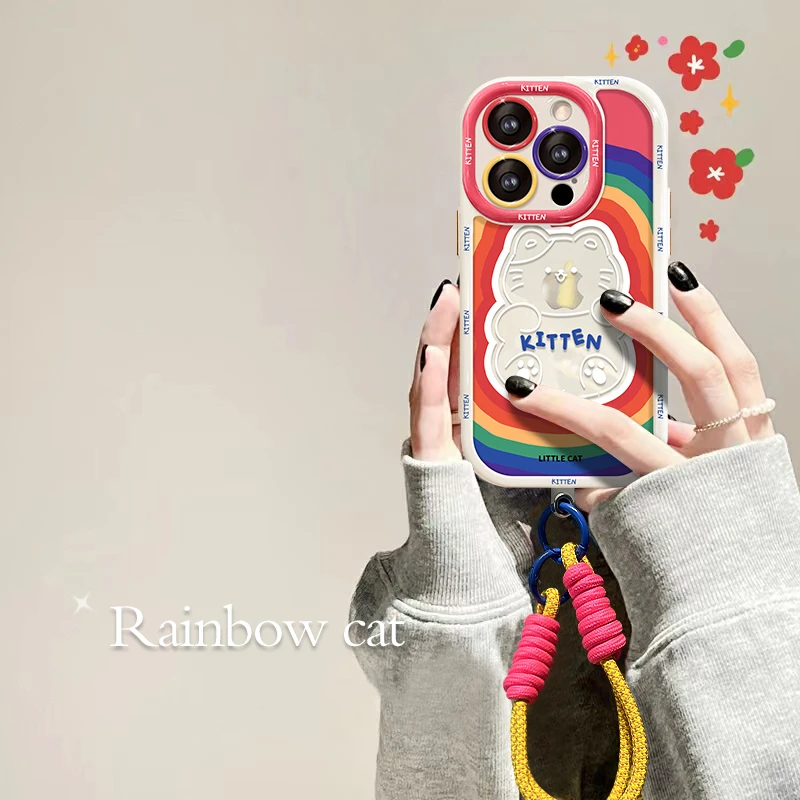 彩虹猫咪手绳苹果华为vivo女款oppo小米iPhone15promax创意手机壳