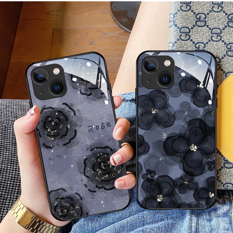 苹果/华为/OPPO/vivo/小米系列  黑色渲染花  简约个性玻璃手机壳
