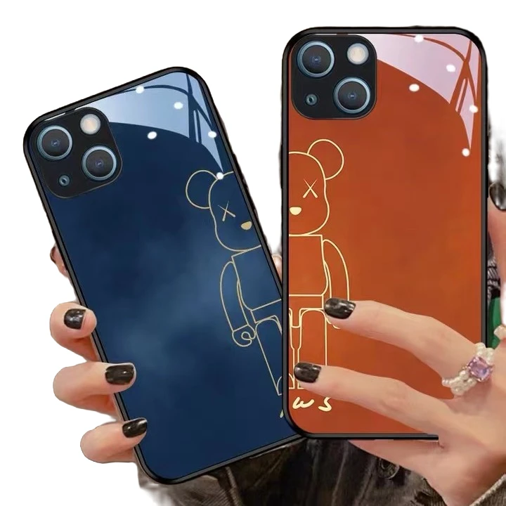 苹果/华为/OPPO/vivo/小米情侣线条熊个性创意玻璃防摔简约手机壳