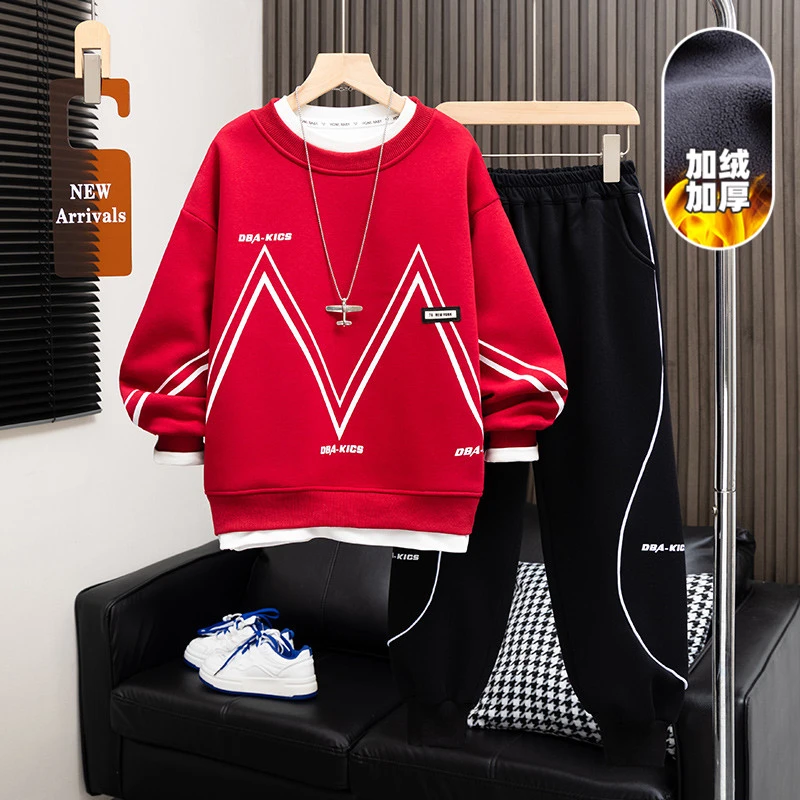 男童加绒加厚套装冬装2024新款大童冬季儿童运动洋气潮款秋冬两件