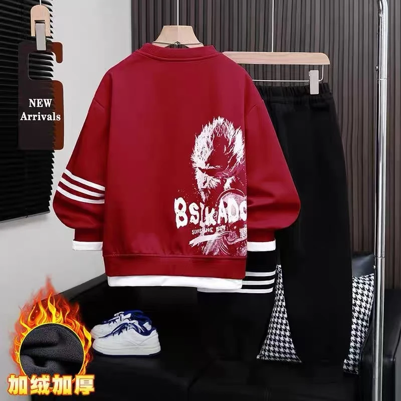 男童冬装加绒套装2024新款中大童网红黑神话悟空假两件套运动潮款