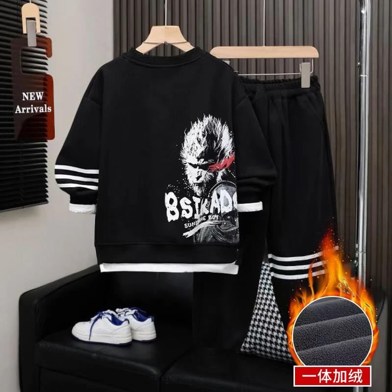 男童套装加绒加厚秋冬装2024新款大童潮酷男孩黑神话悟空运动洋气