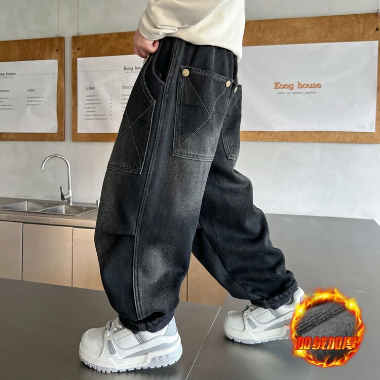 男童冬季加绒牛仔裤2024新款中大童冬装儿童宽松保暖裤子休闲长裤