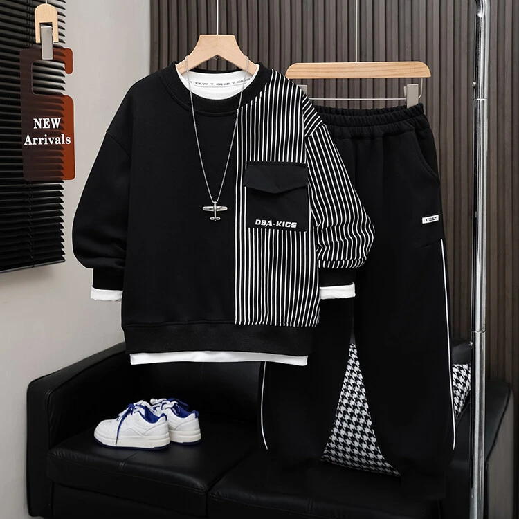男童春装套装2025新款中大童春秋款儿童运动条纹宽松青少年潮洋气