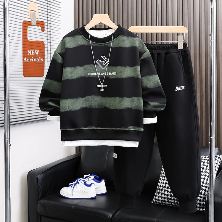 男童套装春装2025新款中大童春秋款儿童运动服条纹宽松休闲潮洋气