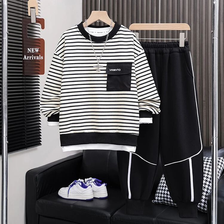男童秋装条纹套装2024新款中大童春秋季儿童休闲运动卫衣潮款洋气
