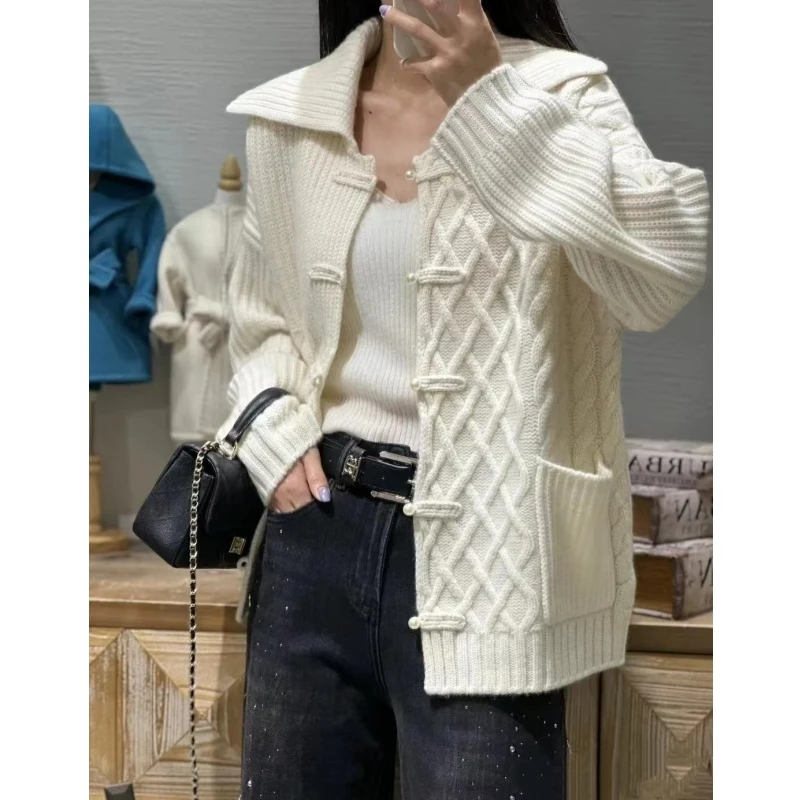 海军领毛衣外套女100纯羊毛衫秋冬季翻领欧货扭花加厚针织衫开衫