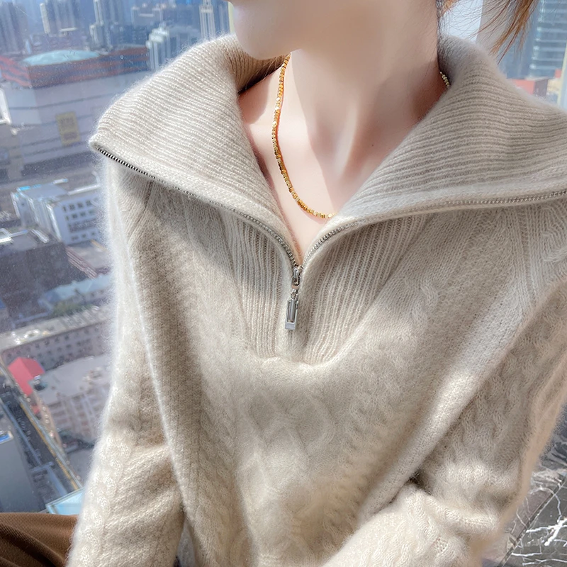 今年流行漂亮毛衣100纯羊毛衫女秋冬半拉链宽松扭花针织打底上衣