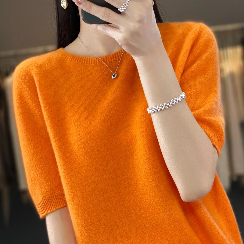 轻奢·秋冬一线100%纯羊毛衫羊绒衫女圆领短袖打底衫中袖针织宽松