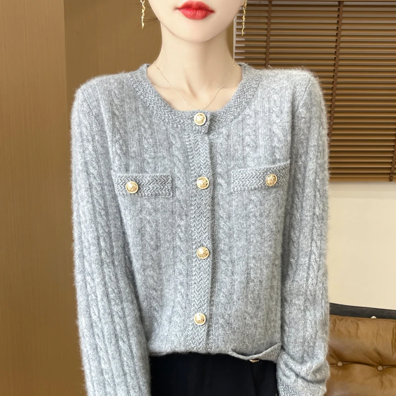 100纯羊毛衫小香风针织开衫女新款秋冬毛衣外套短款上衣宽松长袖