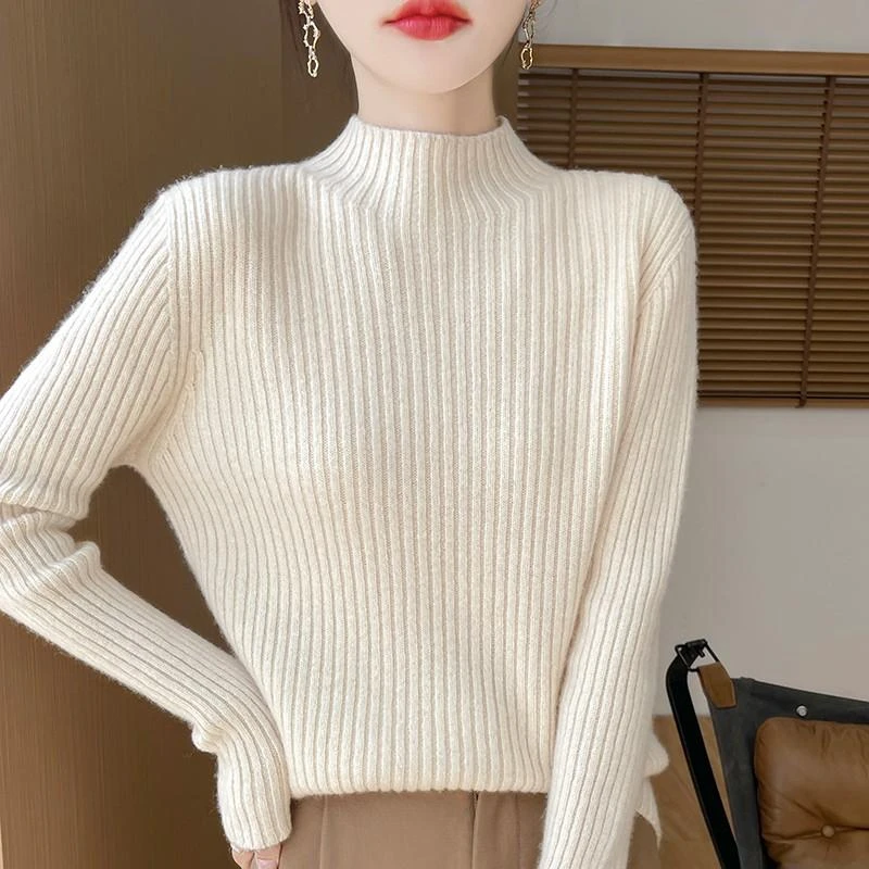 100%纯羊毛衫女半高领毛衣打底衫一线成衣针织衫坑条加厚套头上衣