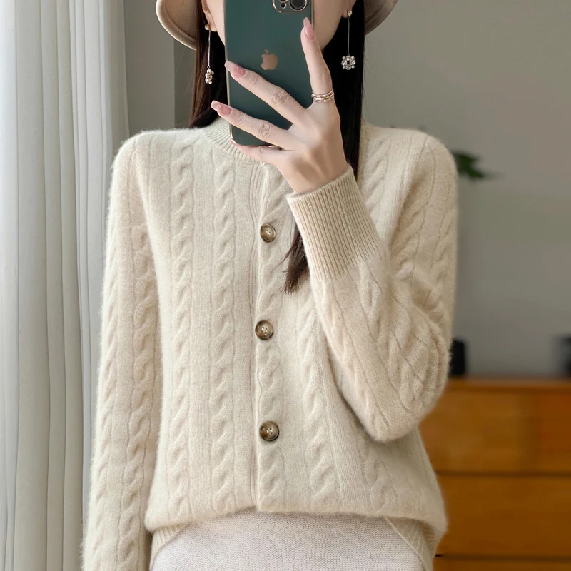 100%纯羊毛开衫女加厚圆领休闲针织衫重工麻花女外套毛衣宽松长袖