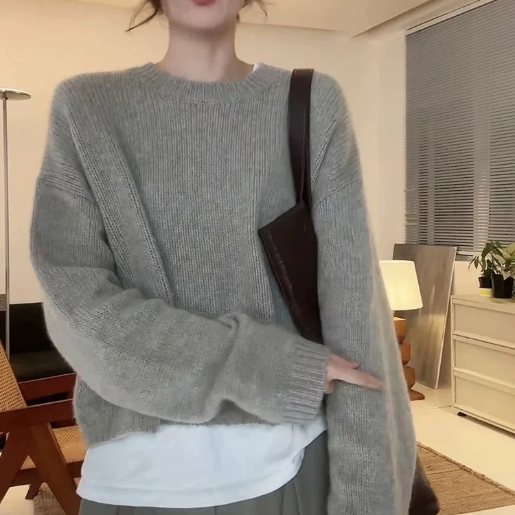 秋冬100纯羊毛衫纯色套头毛衣女宽松慵懒风短款针织打底上衣加厚