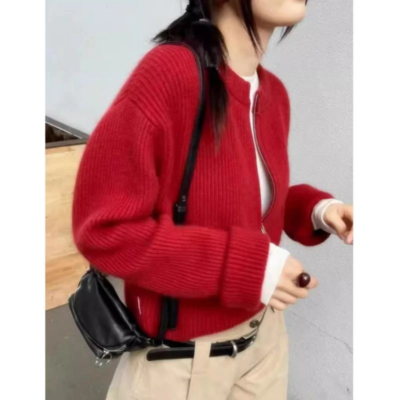 欧货短款100纯羊毛衫女圆领开衫加厚针织外套宽松显瘦毛衣外搭