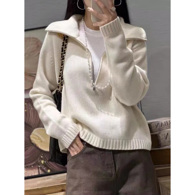 秋冬新款加厚100%纯羊毛衫女翻领拉链套头毛衣宽松慵懒风针织打底