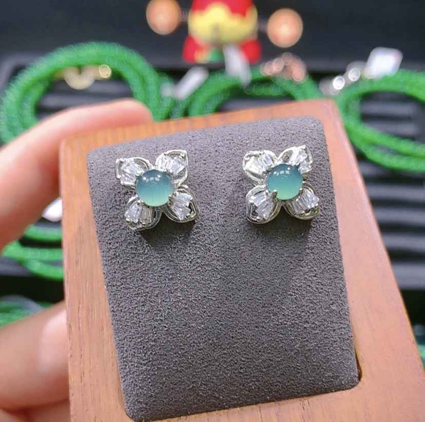 天然A货翡翠四叶草耳钉