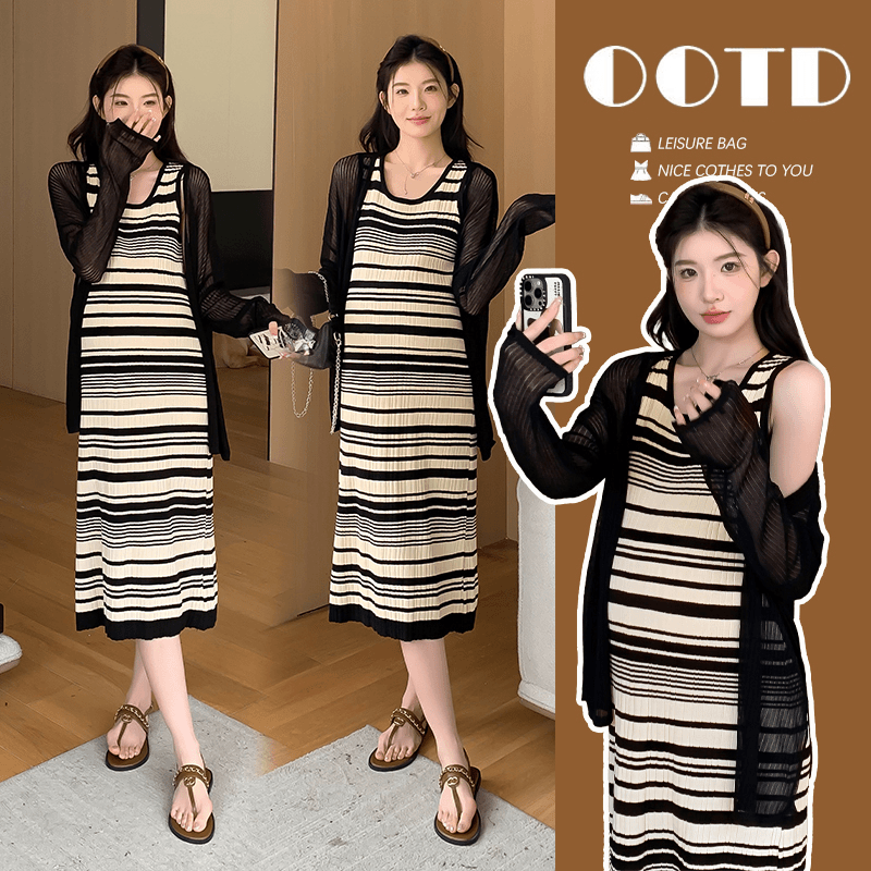 孕妇装夏装新款韩版中长款宽松条纹显瘦背心裙夏季外出薄款防晒衫