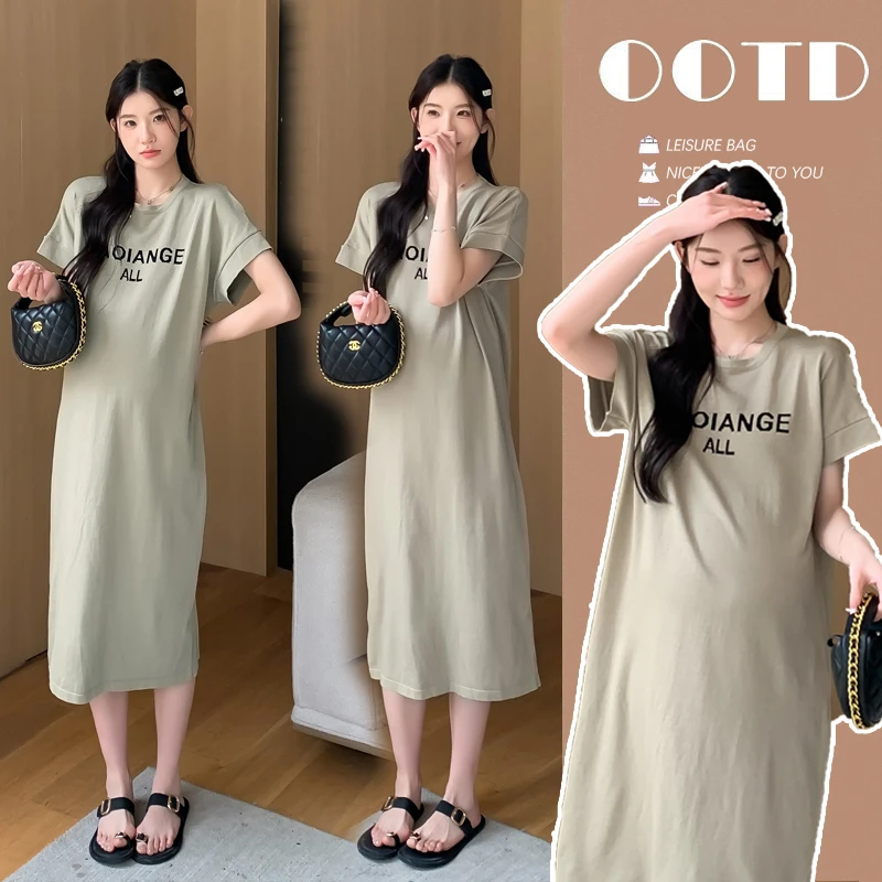 孕妇装夏装连衣裙2024新款韩版宽松t恤孕妇上衣中长款显瘦针织裙