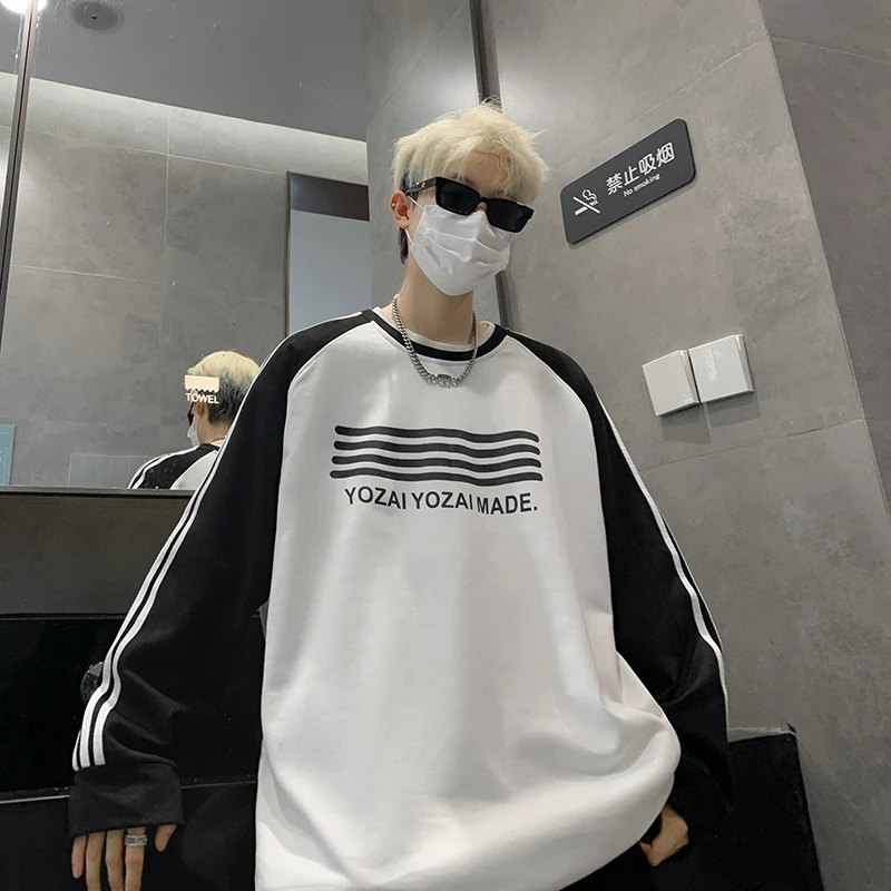 三条杠撞色字母印花长袖卫衣男春秋款潮牌重磅hiphop宽松上衣外套
