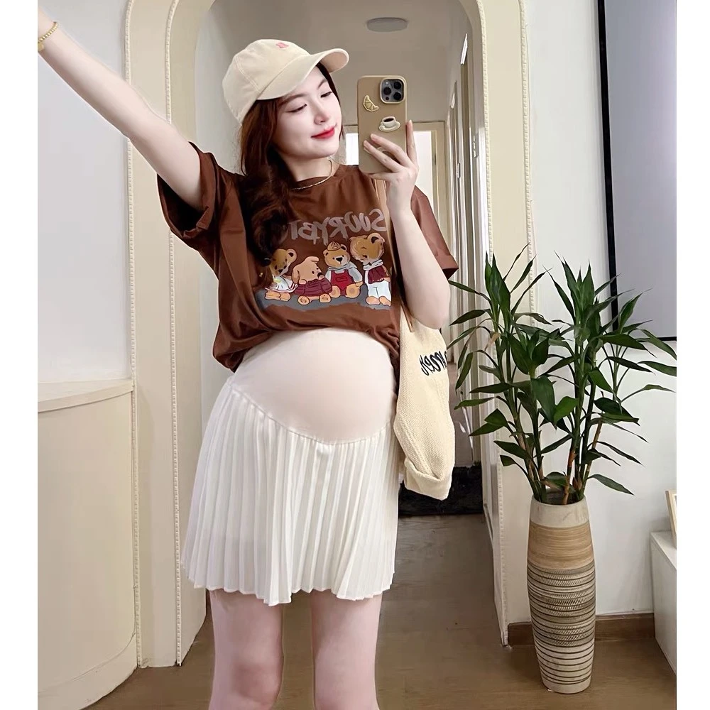 孕妇半身裙夏季白色时尚外穿百褶裙小个子宽松孕妇短裙托腹A字裙