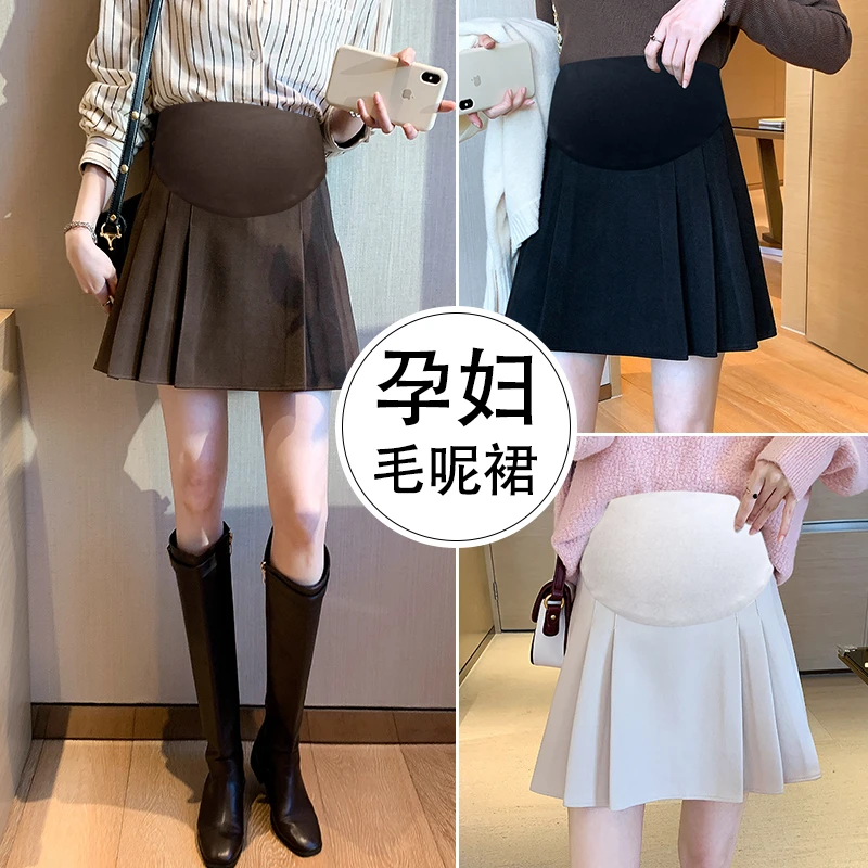 秋冬款孕妇百褶裙时尚外穿宽松显瘦半身裙百搭大码孕妇短裙毛呢裙