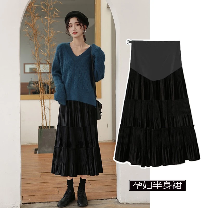 孕妇半身裙秋装时尚百褶裙百搭宽松显瘦外穿春秋冬蛋糕裙托腹长裙