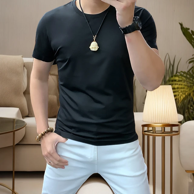 t恤上衣男士夏季半袖白色圆领网红百搭帅气韩版薄款修身弹力纯色