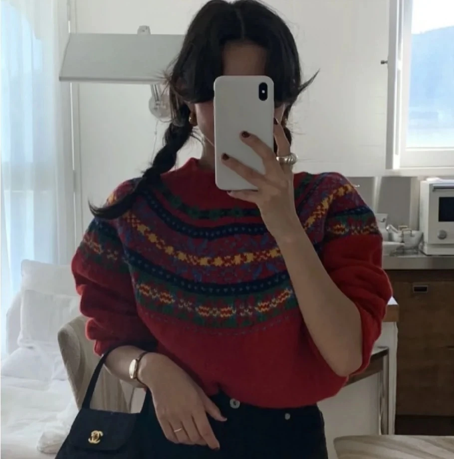 路一韩国小众品牌款 fever圣诞费尔岛红色毛衣